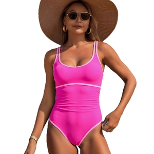 Hot pink one-piece swimsuit with dual straps and round neck for summer beachwear