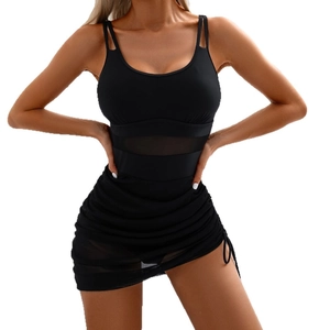 Women's black one-piece swimsuit with mesh paneling and side drawstring details