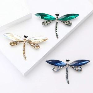 Exquisite rhinestone dragonfly brooches in green, blue, and champagne gold set
