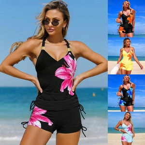 Women Tankini Swimsuit Floral Print Side Drawstring V-Neck Top And Boyshorts Nylon Quick Dry Athletic Beachwear Vacation Clothing