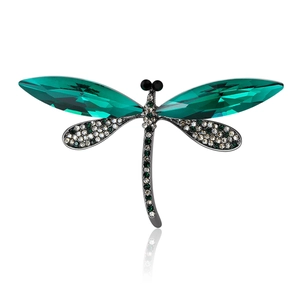 Exquisite rhinestone dragonfly brooch in dark alloy with green crystals for women