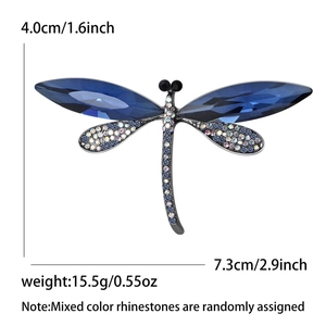 Elegant rhinestone dragonfly brooch with deep blue gemstones and colorful crystals in 7.3cm