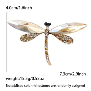 Elegant rhinestone dragonfly brooch in golden alloy with champagne crystals, 4.0cm x 7.3cm