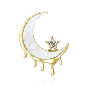 Broche Créative Croissant de Lune Fondant Étoile pour Femme Alliage Incrustation Coquillage Strass Or Argent Effet Goutte