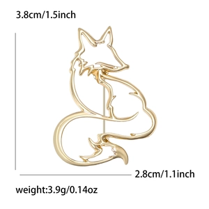 Elegant hollow fox brooch in gold alloy finish with dimensions and weight specs