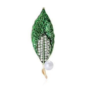 Eleganter Blatt Brosche Legierung Emaille Strass Pin Mit Künstliche Perle Pflanzenform Damen Mode Accessoire Schmuck Für Den Alltag
