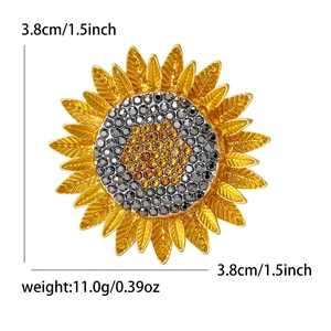 Broche tournesol aux pétales jaunes et strass, bijou élégant de 3,8 cm de large