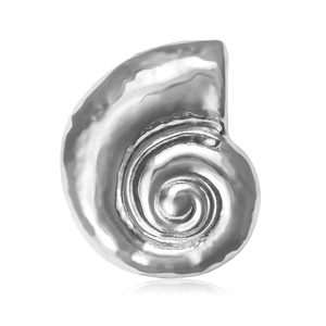 Polished silver alloy snail shell brooch with hammered texture and reflective finish