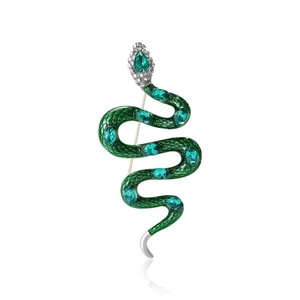 Broche serpent vintage en émail vert avec pierres émeraude et détails en cristal