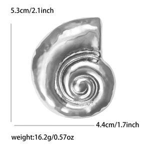 Minimalist matte silver snail shell brooch pin with dimensions 5.3cm height and 4.4cm width