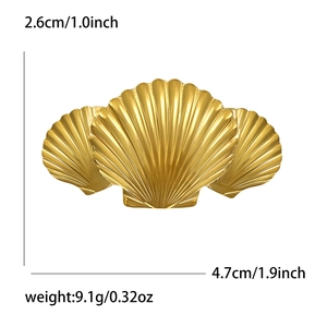 Golden stainless steel triple seashell brooch with textured design and product dimensions