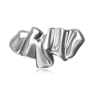 Modern wavy silver stainless steel brooch with a liquid metal mirror finish and fluid lines