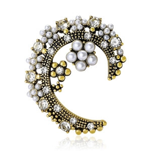 Broche Fleur de Lune Vintage pour Femmes Alliage Künstliche Perle Artificielle Strass Or Antique Argent Bijoux de Mode
