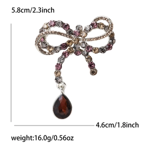 Vintage bow brooch with rhinestones and brown teardrop pendant for women accessories