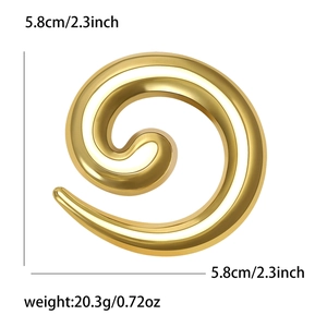 Minimalist gold spiral snail brooch in polished stainless steel with size and weight detail