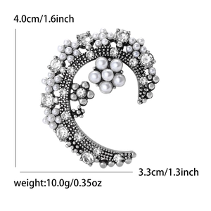 Broche croissant de lune vintage avec perles et cristaux, accessoire élégant de 4,0 cm