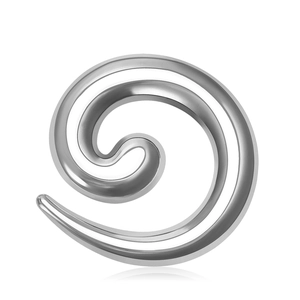 Minimalist silver snail spiral brooch with polished stainless steel finish on white background