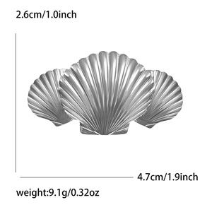 Silver stainless steel triple shell brooch dimensions 4.7cm by 2.6cm on white background