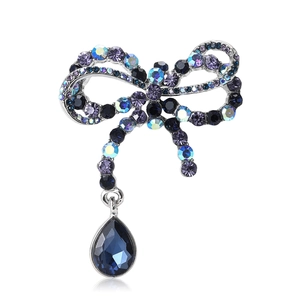 French vintage bow brooch with blue crystal teardrop pendant in silver-tone finish