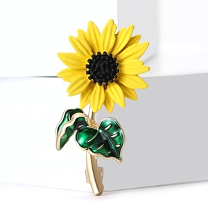 Broche Tournesol pour Femme en Alliage Émaillé Fleur Jaune Épingle Feuille Verte Bijoux pour Costume Veste Robe Accessoires de Fête