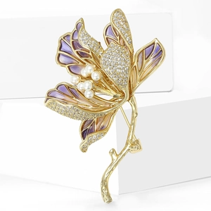 Elegant lotus flower brooch with purple enamel, pearls and crystals on a gold base