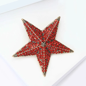 Vintage gold star brooch featuring vibrant red rhinestones on a white podium background