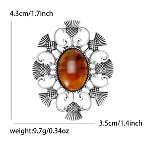 Broche chardon vintage en alliage argenté avec ambre, taille 4,3 cm x 3,5 cm