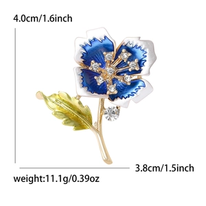 Elegant gold flower brooch with blue enamel petals and sparkling rhinestones for women