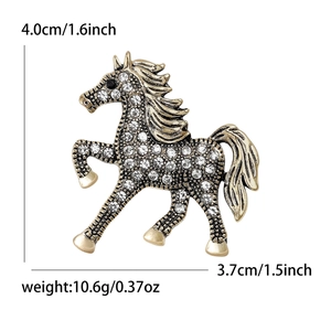 Vintage horse brooch with micro-paved rhinestones in gold alloy, size 4.0cm x 3.7cm