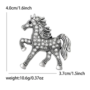Vintage silver horse brooch with sparkling rhinestones and size measurements
