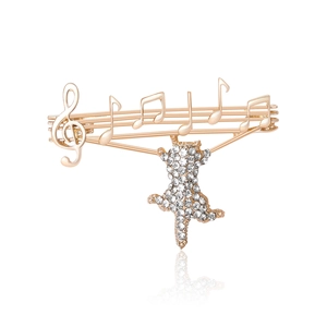 Fashion Alloy Music Note Cat Brooch Rhinestone Treble Clef Staff Design Musical Theme Animal Pin Jewelry Gift For Women