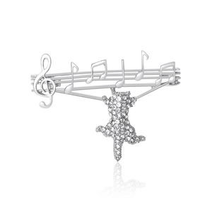 Silver music cat brooch featuring sparkling rhinestones on musical staff with notes