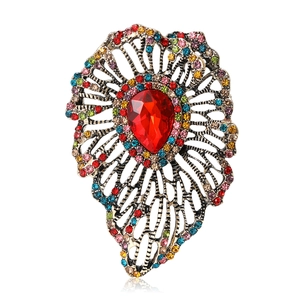 Vintage Hollow Alloy Flower Brooch For Women With Colorful Rhinestones And Glass Main Stone For Wedding Party Jewelry