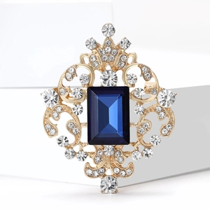 Exquisite vintage royal blue glass brooch with crystals and gold-plated metal setting