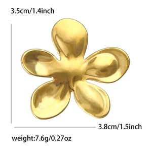 Golden liquid metal flower brooch with matte finish, size 3.5cm x 3.8cm and 7.6g weight