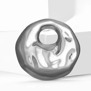 Silver hollow irregular round metal brooch with textured molten lava liquid metal design