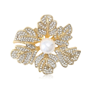 Élégante Broche en Alliage Künstliche Perle Feuille Fleur Avec Cristal Strass Brillant Pour Décoration De Robe Femme Cadeau De Mariage