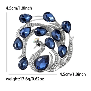 Elegant peacock brooch with blue crystals and silver rhinestones, 4.5cm luxury pin for suits