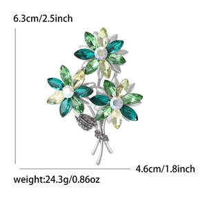 Elegant emerald floral bouquet brooch with rainbow rhinestones and silver alloy base