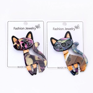 Détail de broches chat en acétate avec texture marbrée sur carte de présentation