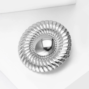 Silver stainless steel brooch with spiral texture and round metallic mirror finish