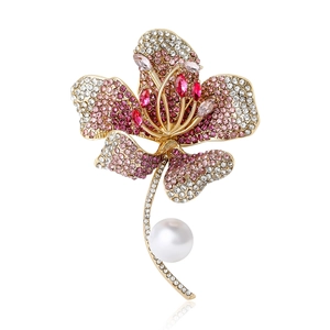 Luxury Hibiscus Flower Brooch With Artificial Pearl Rhinestone Elegant Orchid Floral Breastpin For Women Fashion Jewelry