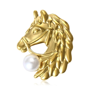 Vintage Stainless Steel Horse Head Brooch With Large Artificial Pearl Elegant Animal Lapel Pin For Women Wedding Banquet Jewelry Gift