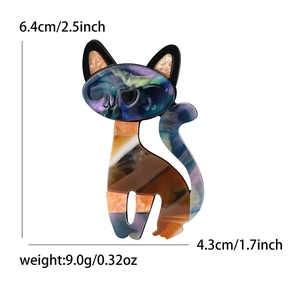 Broche chat en acétate texture marbre violet et bleu, taille 6,4x4,3cm, poids 9,0g