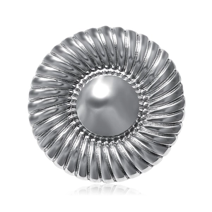 Elegant round stainless steel brooch with sunburst texture and central grey pearl