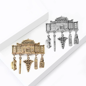 Vintage Alloy Medical Brooch Hospital Building Pendant Pin With Nurse Hat Caduceus Rx Bottle Gift For Doctor Nurse Jewelry