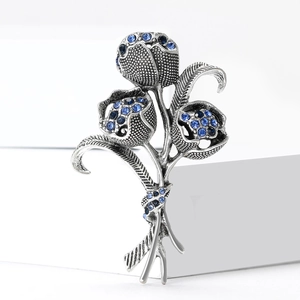 Spilla bouquet di tulipani vintage con cristalli blu e finitura in lega d'argento