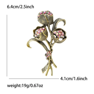 Spilla vintage a tulipano dorato con strass colorati e dimensioni della misura