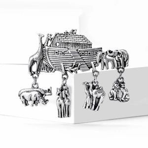 Vintage silver Noah's Ark brooch with animal charms including giraffe and lion