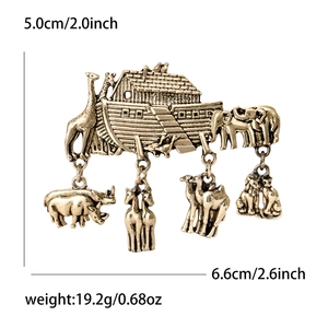 Vintage gold Noah's Ark brooch with animal charms for suits and shirts, retro style accessory